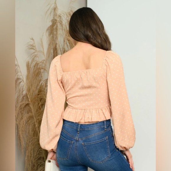 Cloud Ten | Steph Long Sleeve Milkmaid Tie Front Crop Top Polka Dot Salmon Small - Picture 8 of 12